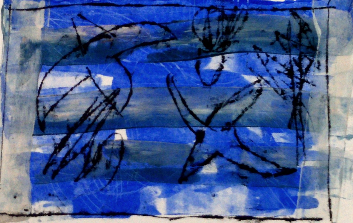 01 Vögel in Blau, 2011. Monotypie, Gouache. 42 x 30 cm