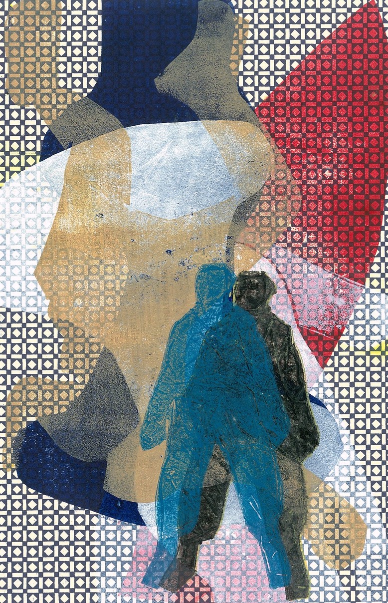 08 Drei Männer, 2011. Öl auf gemustertem Papier. 18 x 27 cm