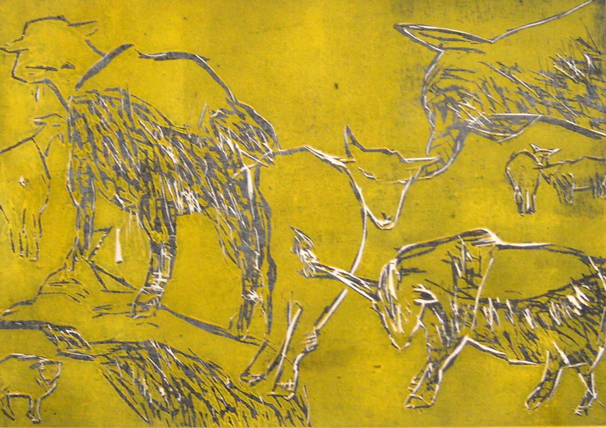 05 Ziegen, 2007. Farbhholzschnitt.  30  x 41,5 cm
